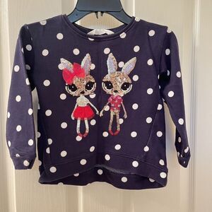 H&M Polka Dot Sequin Bunny Rabbits Sweatshirt Navy Blue Girls Size 4-6